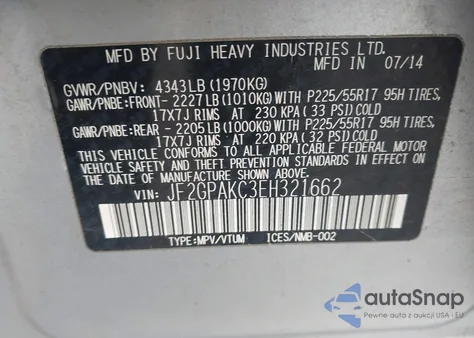 2014 Subaru Xv Crosstrek 2.0I Limited z USA, uszkodzony, nr VIN JF2GPAKC3EH321662